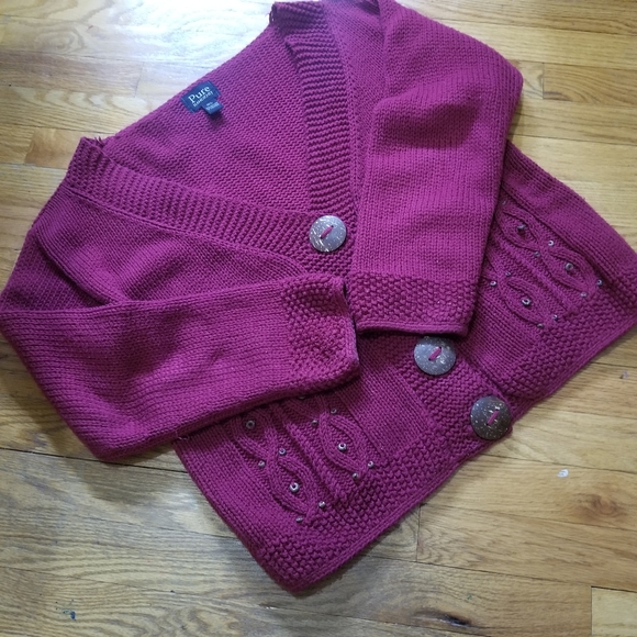Pure Handknit Big Button M/L Bead Vneck Dark Fuscia Cotton Knit Cardigan Sweater - Picture 5 of 11